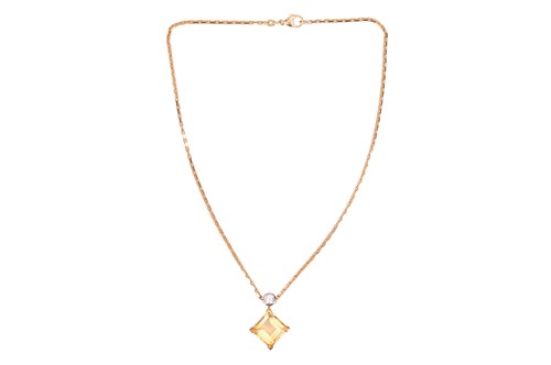 Lot A citrine and diamond pendant on chain, corner...