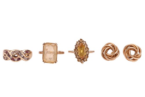 Lot 197 - Three gem-set rings and a pair of earrings, to...