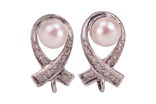 Lot A pair of cultured pearl and diamond earrings,...