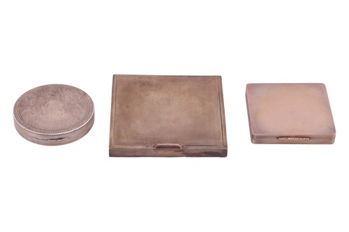 Lot 234 - Three silver compacts; the first square...