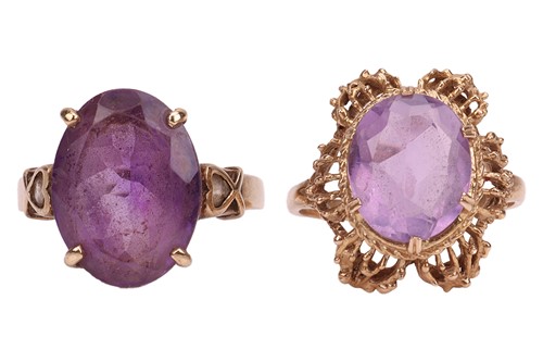 Lot 20 - Two amethyst dress rings in 9ct gold; one in a...