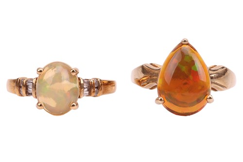 Lot 38 - Two 9ct gold Ethiopian water opal rings; one...