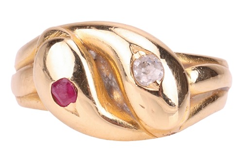 Lot A Victorian gem-set double snake ring, the...