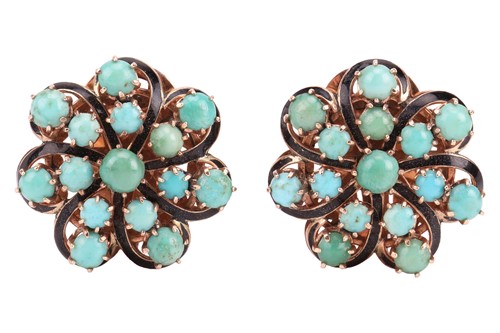 Lot 33 - A pair of turquoise and enamel cluster clip-on...