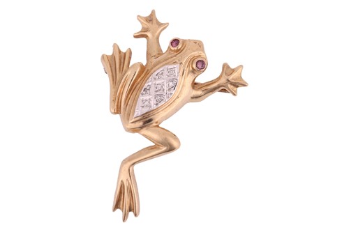 Lot 21 - A gem-set frog brooch in 9ct gold, the body...