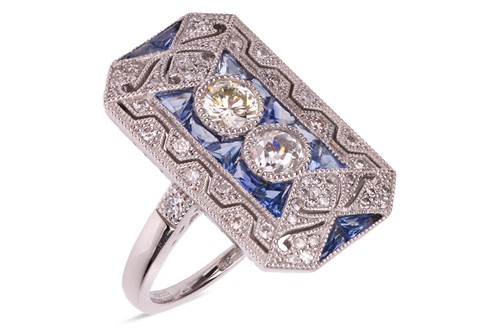 Lot An Art Deco-style gem-set panel ring, the...