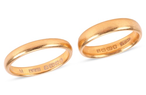 Lot 54 - Two wedding bands in 22ct yellow gold, British...