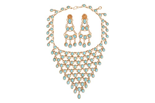 Lot 164 - A turquoise bib necklace, of openwork and mesh...