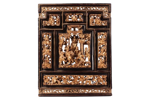 Lot 155 - A Chinese giltwood and black-lacquer plaque,...