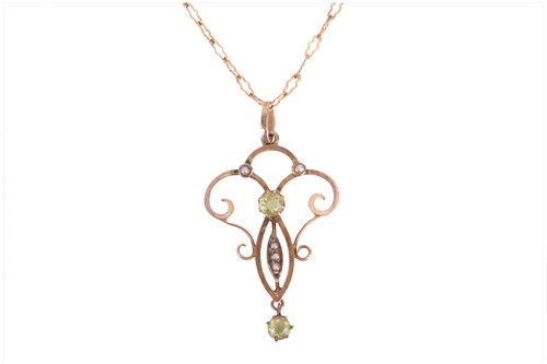 Lot 36 - An Edwardian gem-set scroll pendant on chain,...