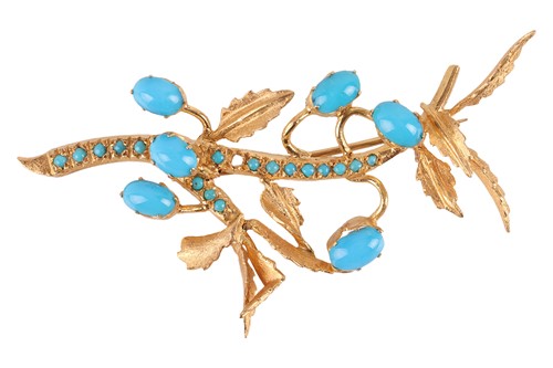 Lot 168 - A turquoise-set brooch, of foliate design,...