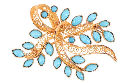 Lot 166 - A turquoise-set spray brooch, of foliate...