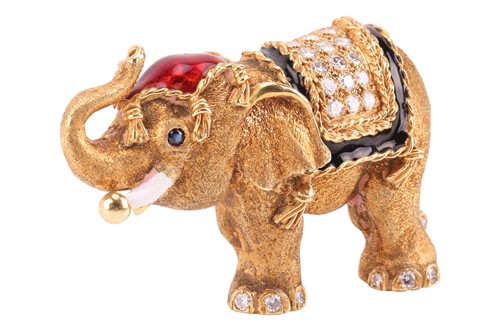 Lot 160 - An enamel and diamond-set elephant brooch by...