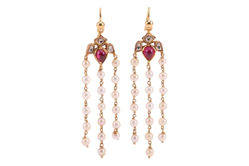 Lot 155 - A pair of gem-set drop earrings, of Mughal...