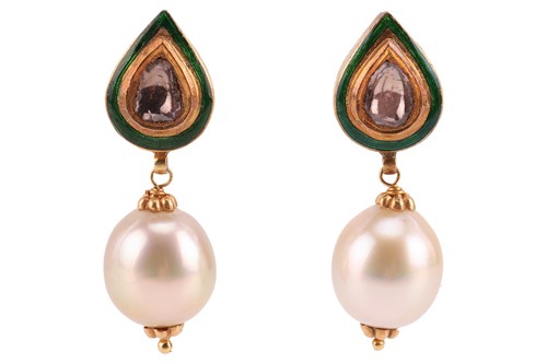 Lot 157 - A pair of polki-cut diamond and enamel South...