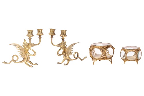 Lot 190 - A pair of Gothic-style brass two-branch...