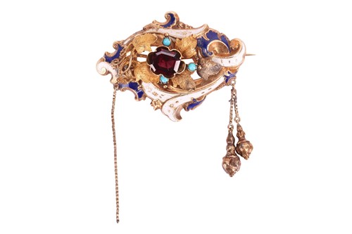 Lot 1 - A gem-set enamel brooch, the scrollwork mount...