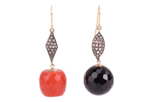 Lot 22 - A pair of diamond, coral and onyx earrings,...