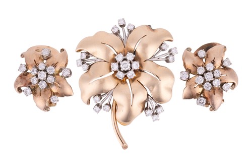 Lot 74 - A Mid-Century diamond brooch and earring set,...