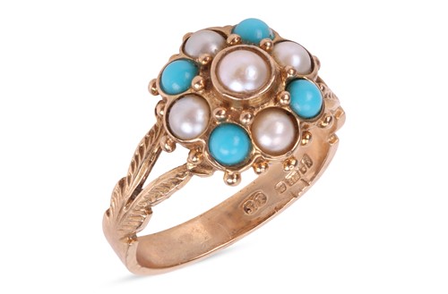 Lot 26 - A turquoise and pearl ring, in a foliate...