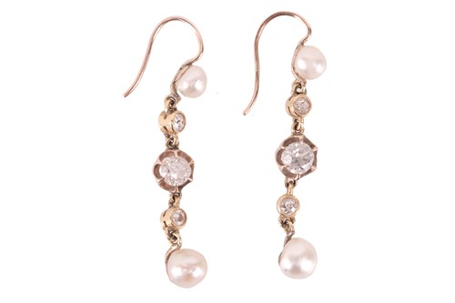 Lot 2 - A pair of pearl and diamond drop earrings,...