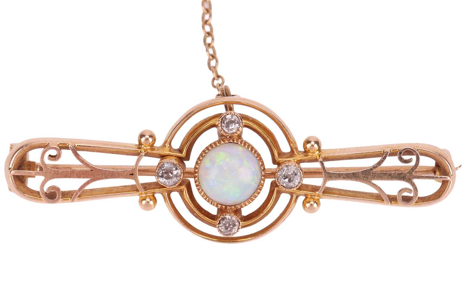 Lot An opal and diamond brooch, of openwork design,...