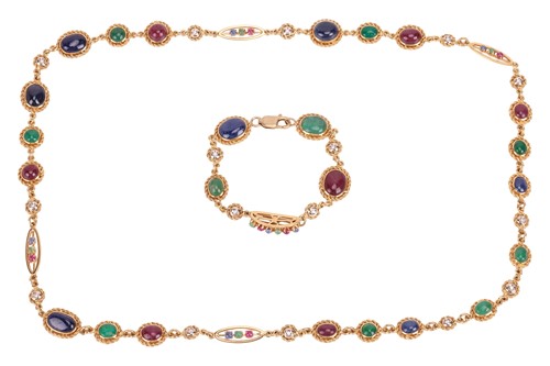 Lot A gem-set long necklace and matching bracelet,...