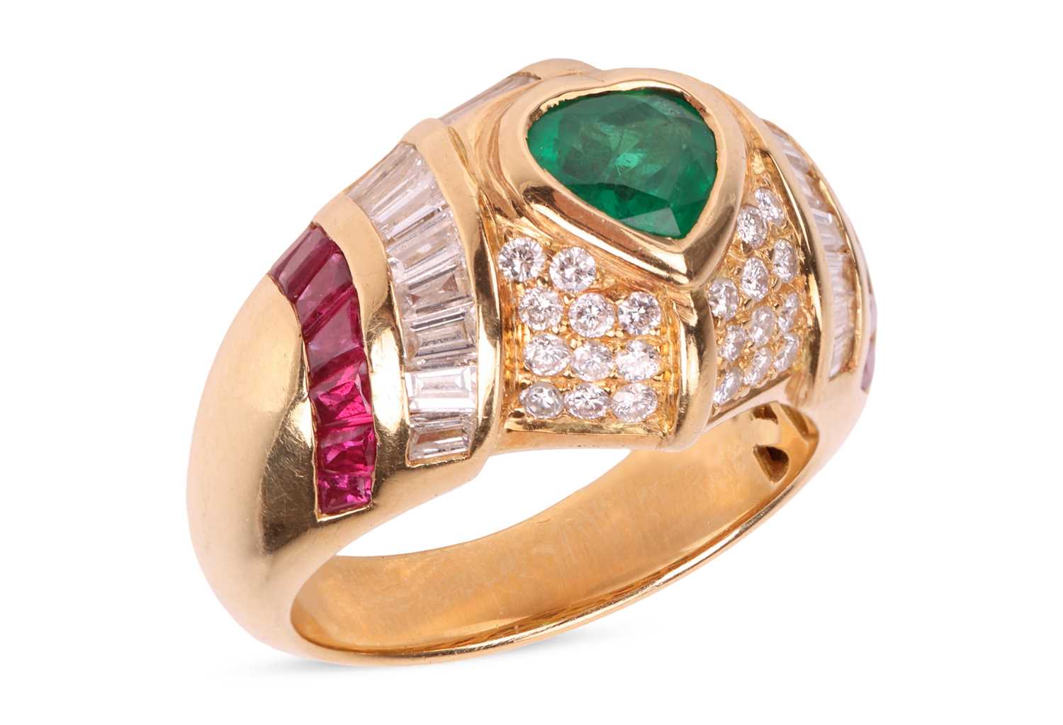 Lot 156 - An emerald, ruby and diamond ring, featuing a...