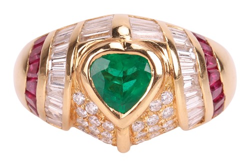 Lot 156 - An emerald, ruby and diamond ring, featuing a...
