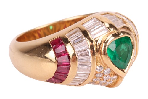 Lot 156 - An emerald, ruby and diamond ring, featuing a...