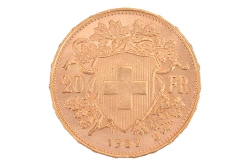 Lot 200 - A 1930 20 Franc coin, Bern mint, 6.4 grams.