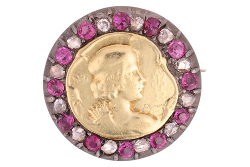 Lot 58 - A coin-set brooch with gem-set surround, the...