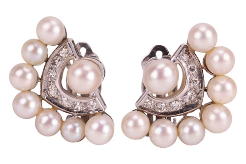 Lot 27 - A pair of pearl and diamond-set cluster...