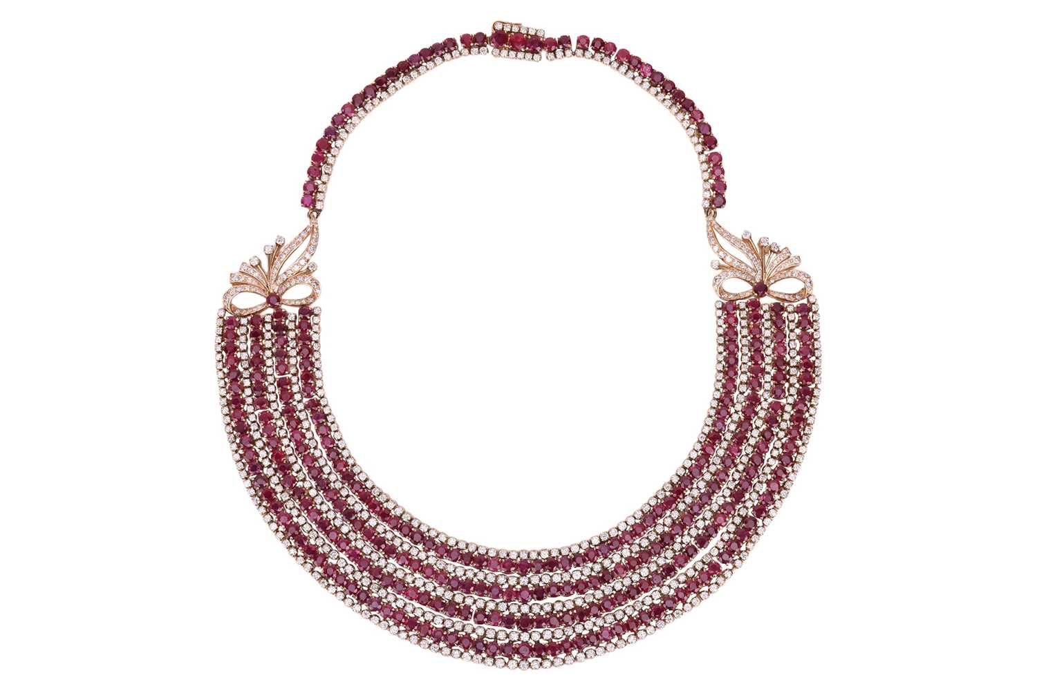 Lot 201 - A ruby and diamond collar necklace, comprising...