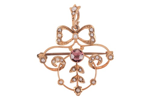 Lot 30 - An Edwardian pearl and tourmaline pendant,...