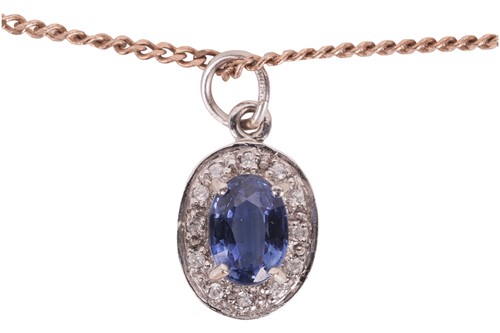 Lot 8 - A sapphire and diamond pendant and chain, the...