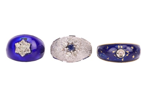 Lot 74 - Three rings, comprising a diamond-set blue...