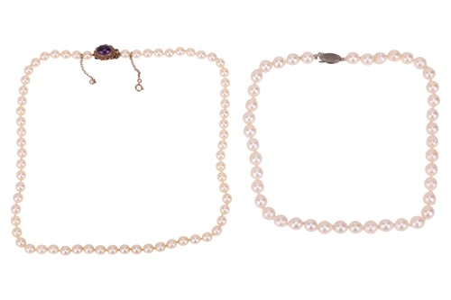 Lot 72 - Two cultured pearl necklaces; The first...