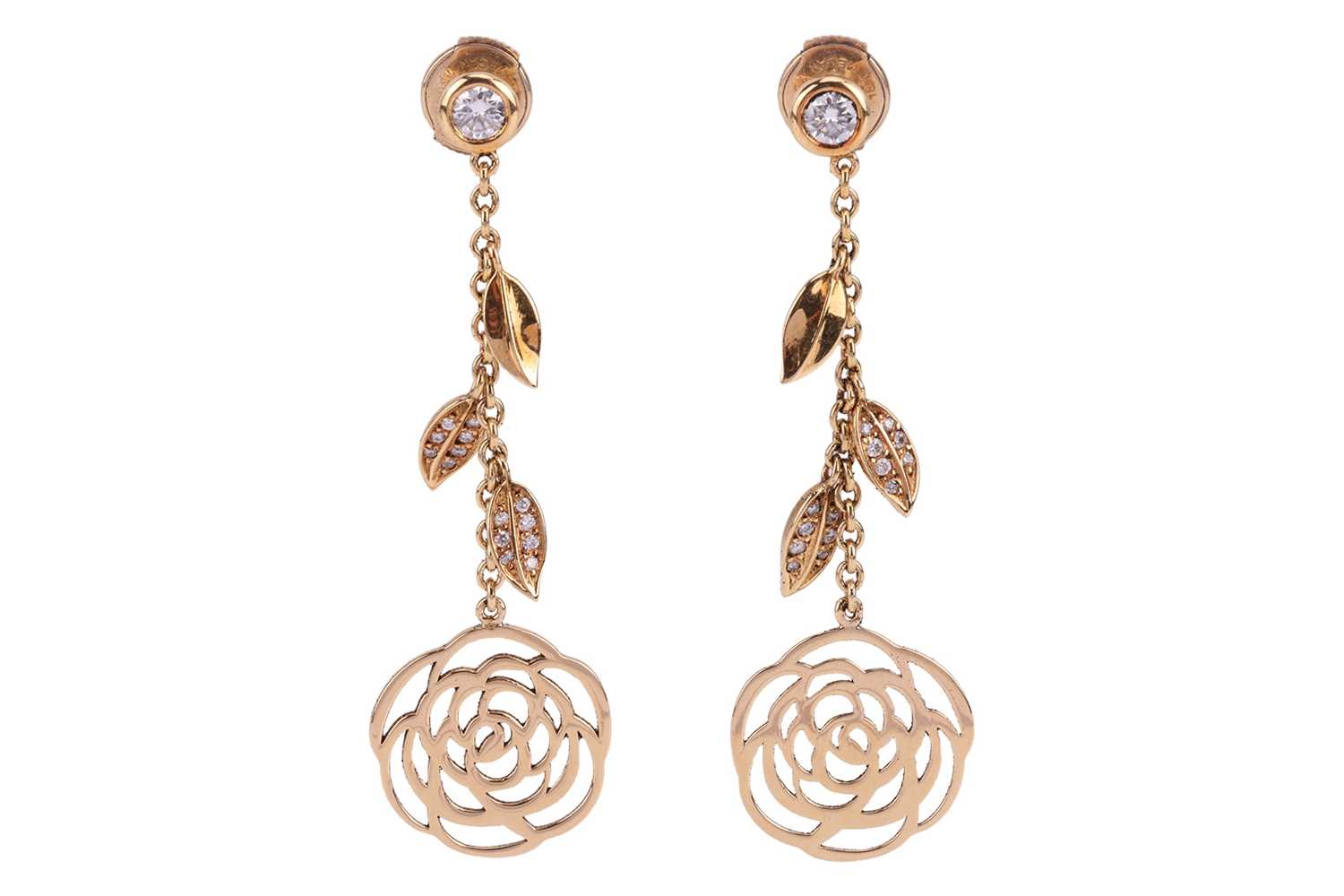 Lot 181 - Chanel - A pair of diamond-set 'Camélia' drop...