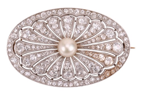 Lot A pearl and diamond-set plaque brooch,...