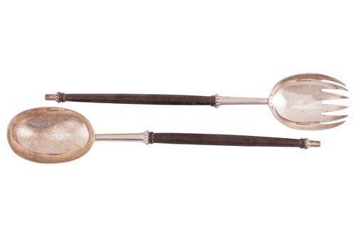 Lot 244 - A pair of Victorian silver and ebony salad...