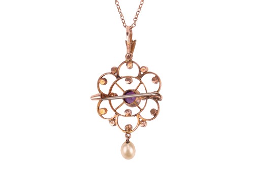 Lot An amethyst and seed pearl pendant necklace,...