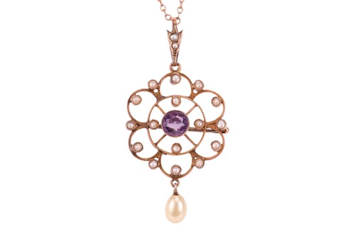 Lot 21 - An amethyst and seed pearl pendant necklace,...
