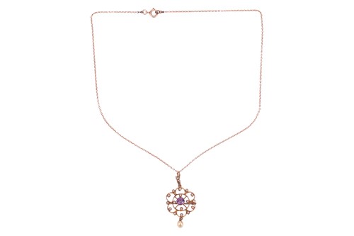 Lot An amethyst and seed pearl pendant necklace,...