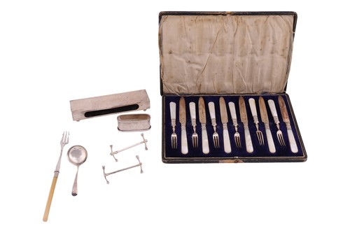 Lot 182 - A cased set of silver fruit knives and forks...