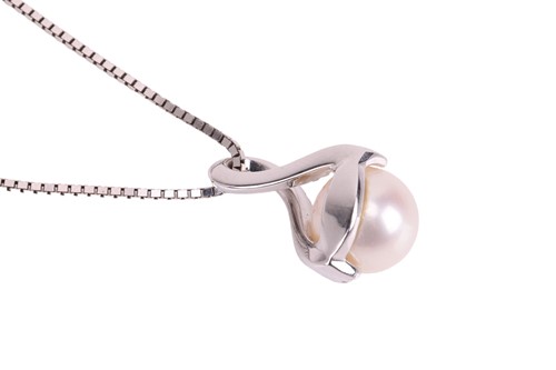 Lot A pearl and diamond pendant and chain, the...
