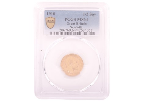 Lot 115 - An Edward VII 1910 Half Sovereign, bare head...