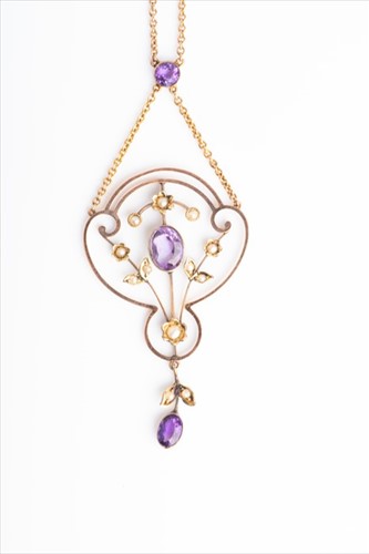 Lot 431 - A yellow metal, amethyst, and pearl pendant...